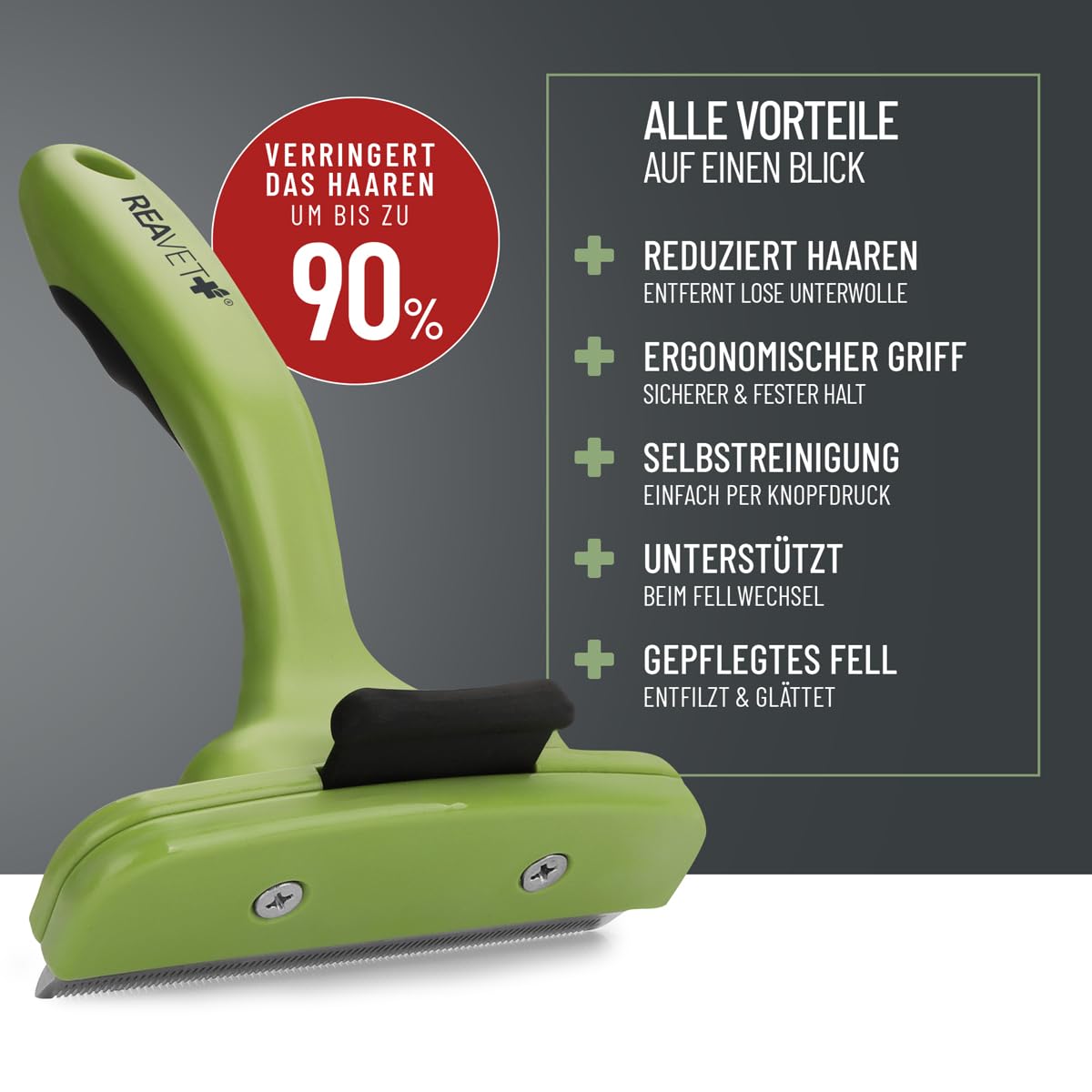 ReaVET Peigne pour sous-poil pour chiens et chats à poils courts I Grandes races I Enlève le sous-poil I Nourrit les poils de couverture I avec bouton autonettoyant I Peigne pour chat idéal pour