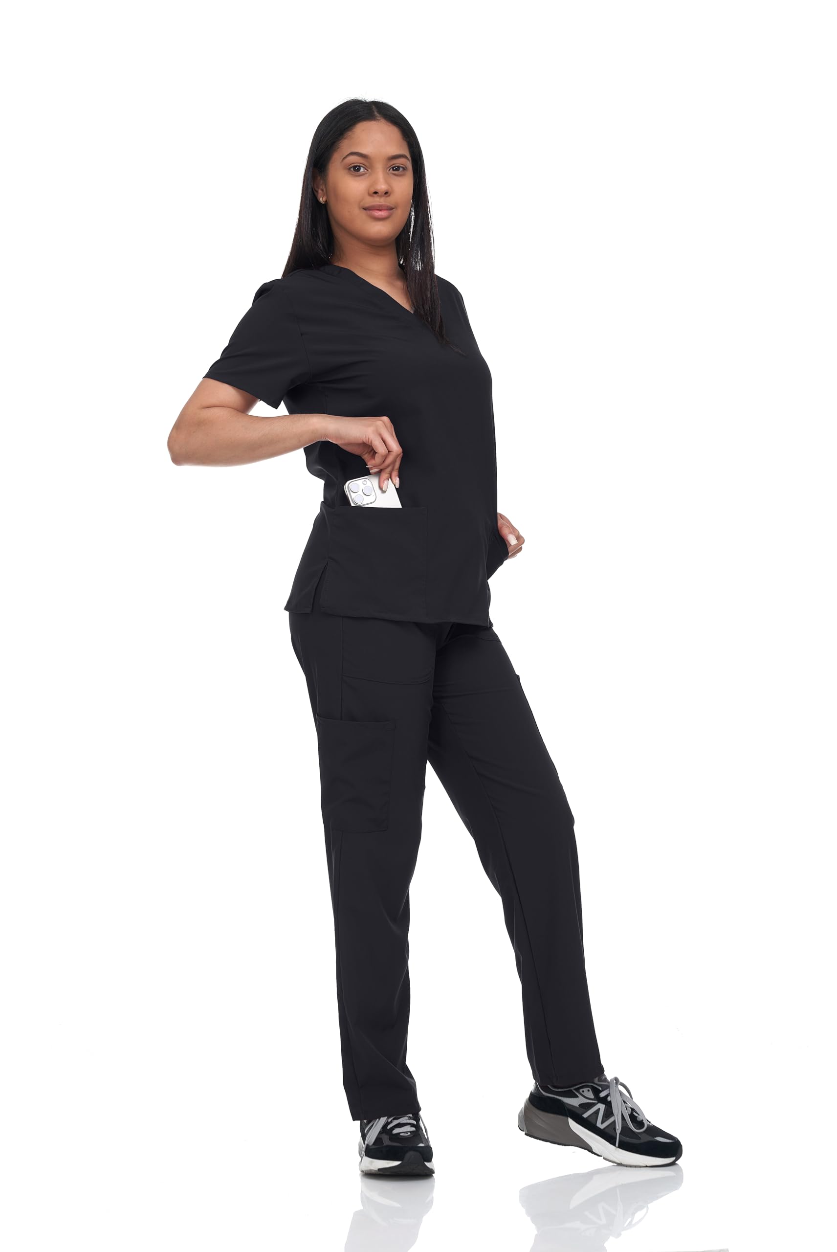 Flex Core New York V Neck Unisex Scrub Set, Top and Pants Lightweight Stretch Fabric for Home Attendant and Nurse Uniform (Black, Small)