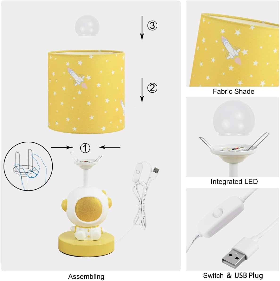 Lampwell Astronaut LED Table Lamp with USB Port DC5V,Yellow Kids Table Lamp,Night Light for Kids Room,Nursery,Bedroom,Kitchen Counter,Gameroom,Φ5.91×H13.07IN,Hand-Made