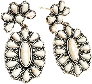 Vintage Boho Statement Drop Earrings Oval Imitate Turquoise Ethnic Charms Flower Dangle Earring for Women Girls Jewelry Gift