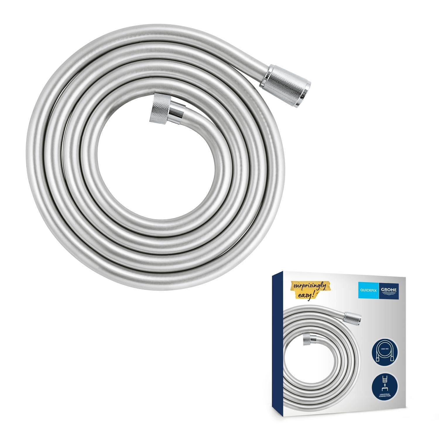GROHE Flexible tuyau de douche salle de bains VitalioFlex Silver, tuyau de douche 2000mm, anti-pliures, finition brillante, raccord fileté universel 1/2", chromé, 27507001 (Import Allemagne)