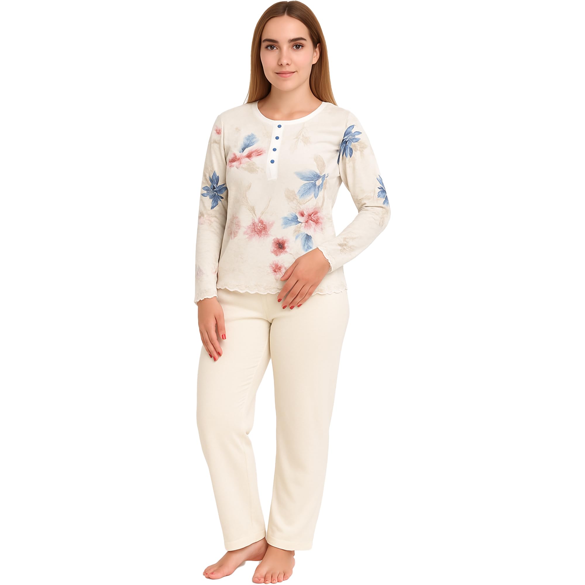 Leedya Pijama de mujer de invierno 100% algodón – Modal – Conjunto largo de manga larga con botones o puños – Varios colores de flores – Suave y cómodo para la noche