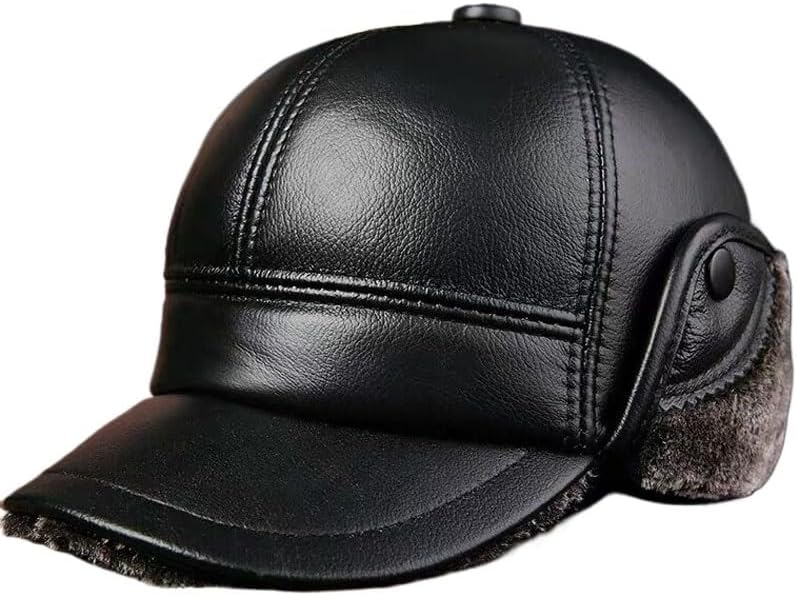 Men Thick Baseball Cap Leather Bomber Hat Winter Earflap Russian Hats Ushanka Trapper Windproof Keep Warm Woman (Black XLarge)