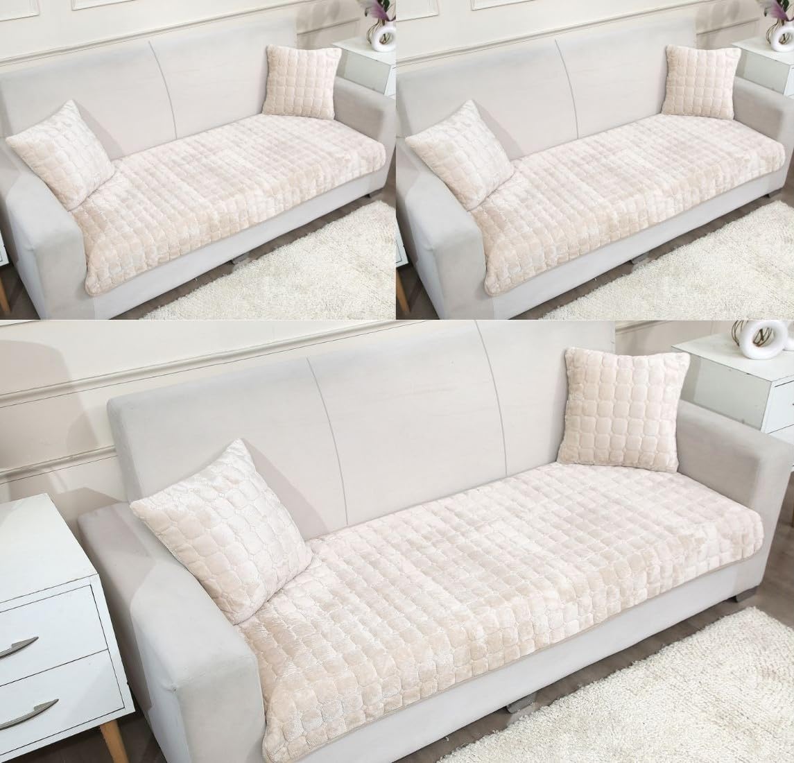 Fashion Throw | RABIT-Fur 7 Seater L-Shape 7 Seats Cover for Sofa | Premium Soft Covers | Anti-Slip Sofa Slipcovers for Living Room Furniture Home Decor Plush Collection (Beige, 3+2+2)-image-49
