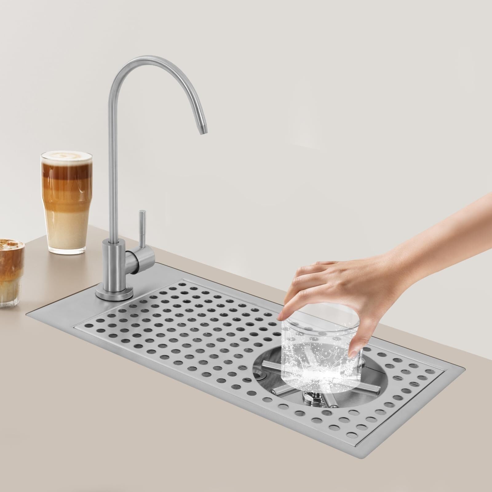 Lavabicchieri professionale, lavabicchieri in acciaio inox con tubo di scarico da 1,5 m, tubo di ingresso acqua da 80 cm, lavabicchieri multiangolare con rubinetto, per bar, caffetteria, hotel, casa