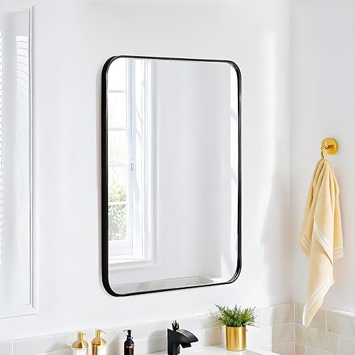 Miniatura 8 de Espejo rectangular de 24 x 16 pulgadas montado en la pared, marco de metal de aleación de aluminio, cristal HD, maquillaje para baño, entrada,
