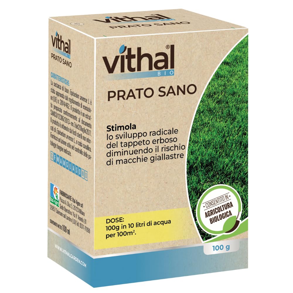 VITHAL Prato Sano Bio - Stimolatore Radicale per Tappeti Erbosi, Riduce Macchie Giallastre e Feltro, 100 g per 100 m² - Concime Naturale Consentito in Agricoltura Biologica