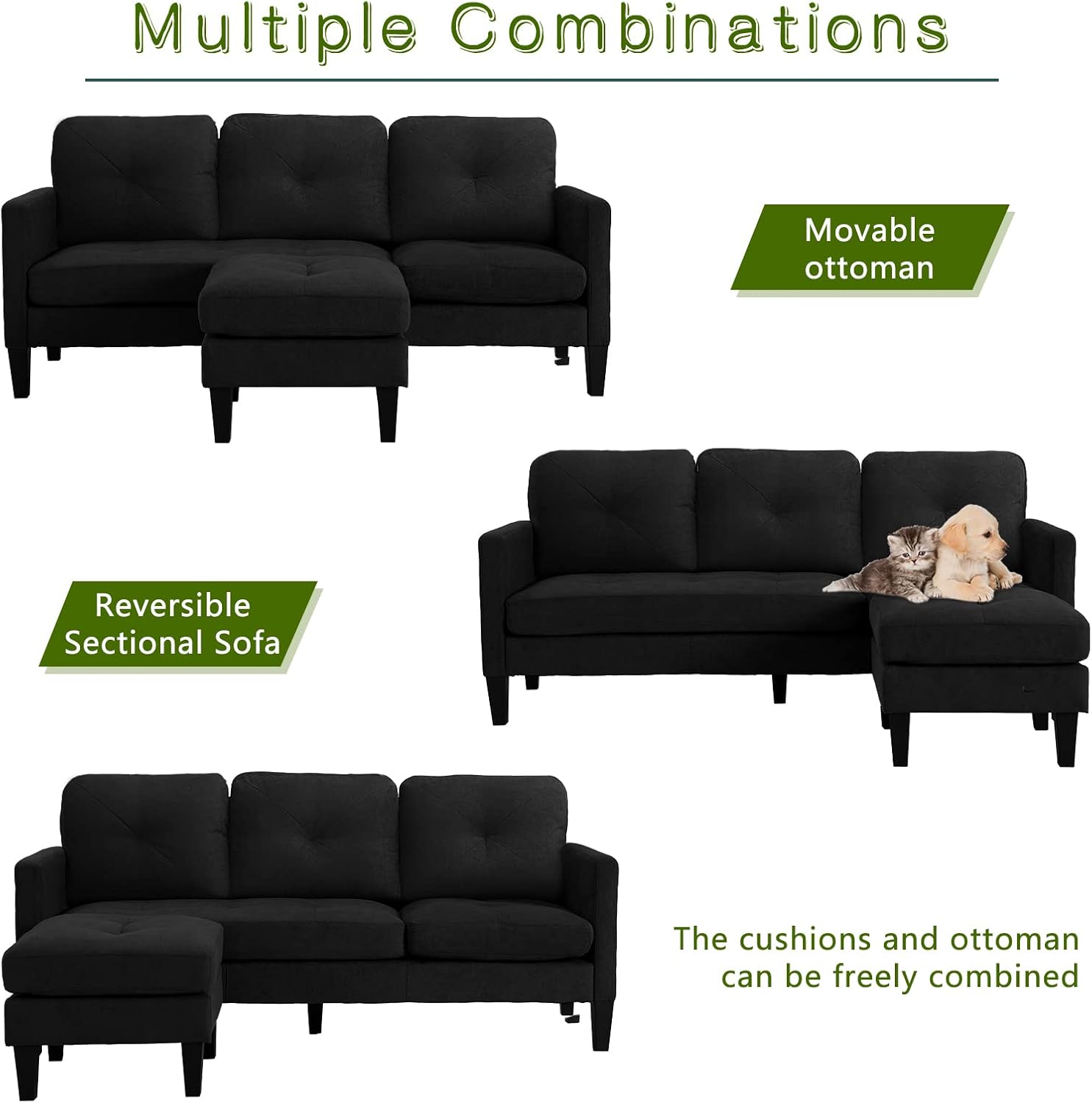 Adjustable L-Shaped Sofa, Modern Craftsmanship Nordic Style Fashion Sofa Set, Apartment Living Room Sofa with Storage for Small Space（Black）