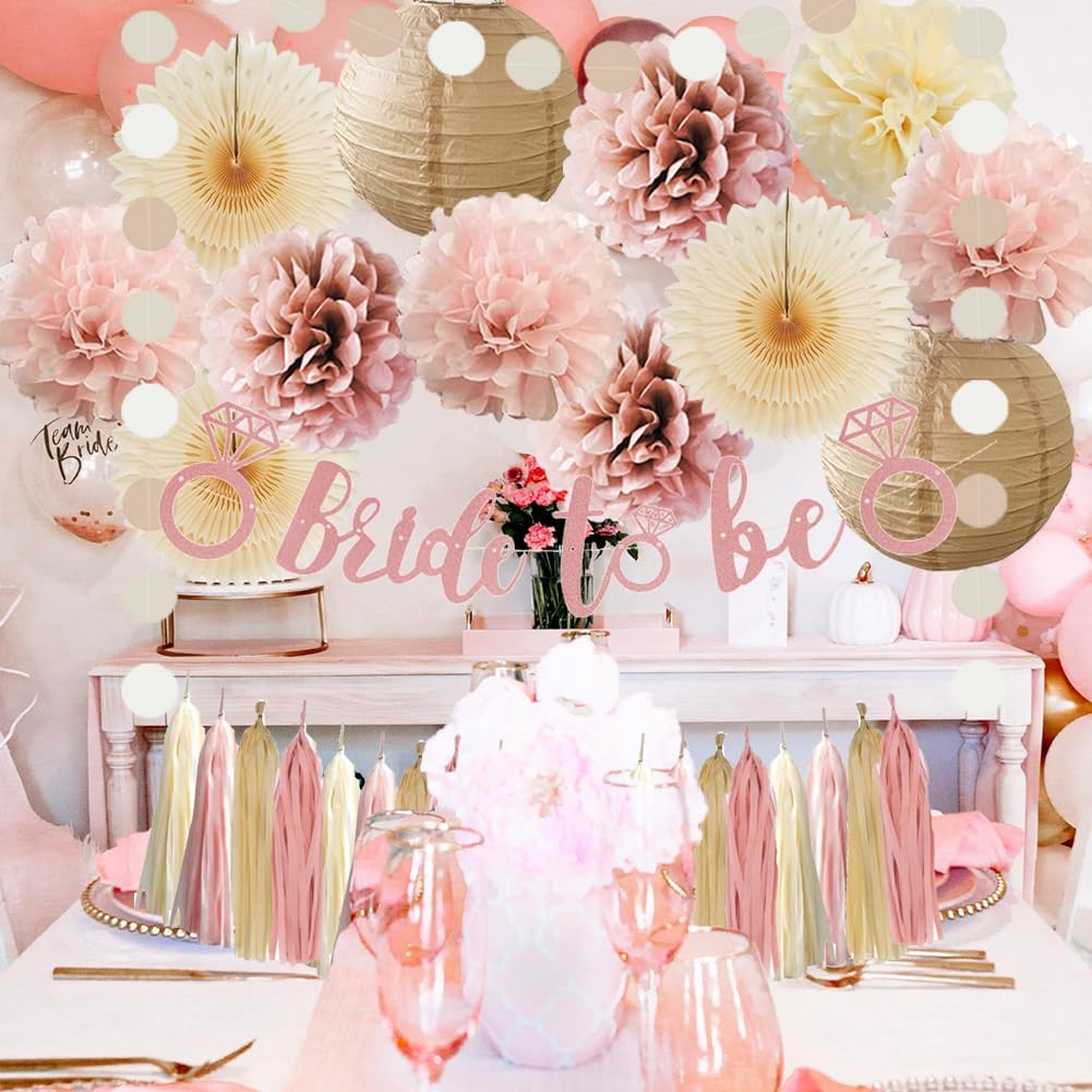 Dusty Rose Boho Bridal Shower Decorations Dusty Pink Champagne Gold Beige Bachelorette Party Decorations Rustic Bride to Be Banner Rose Gold with Cream Beige Tassel Garland for Engagement Wedding - Image 2