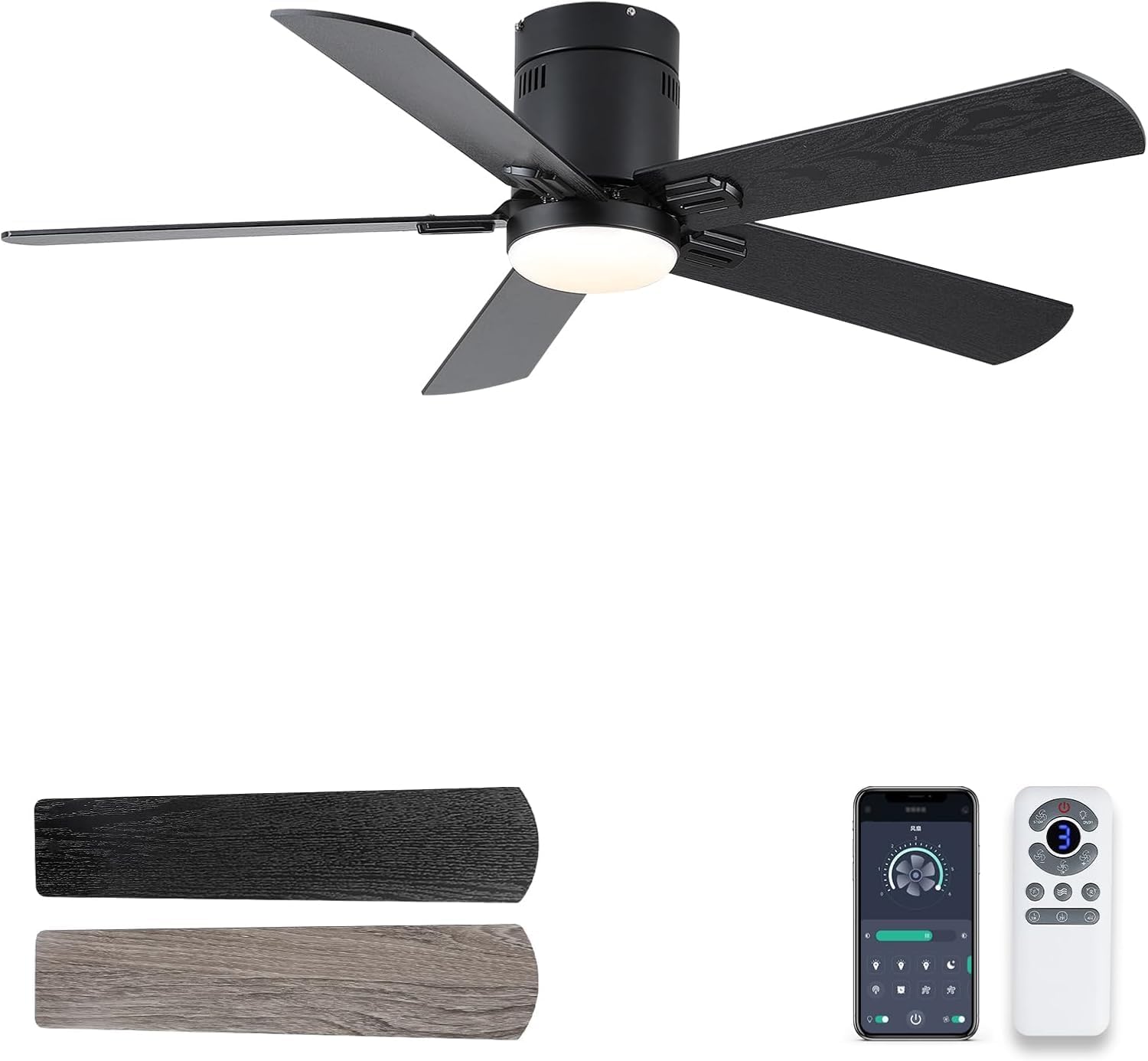 Flush Mount Ceiling Fan with Lights, 52’’ Black Ceiling Fan with Light, 3 Color Temperatures, 6 Fan Speeds, Timer Remote, Silent Reversible DC Motor, for Patio, Farmhouse, Bedroom…