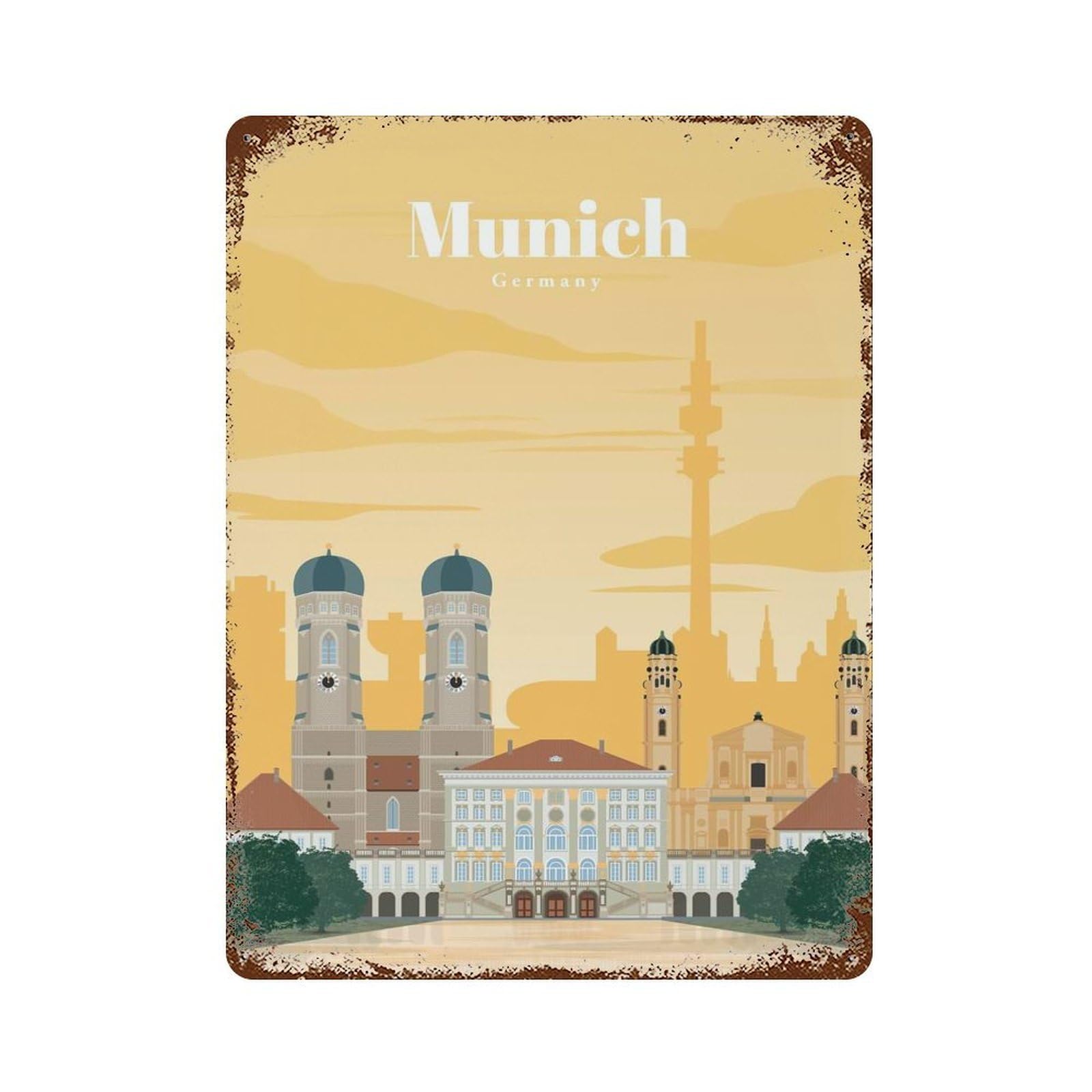 Travel to Munich Rusty Metal Tin Sign 15.7"x11.8", Ideal for Pub, Kitchen And Man Cave Decor