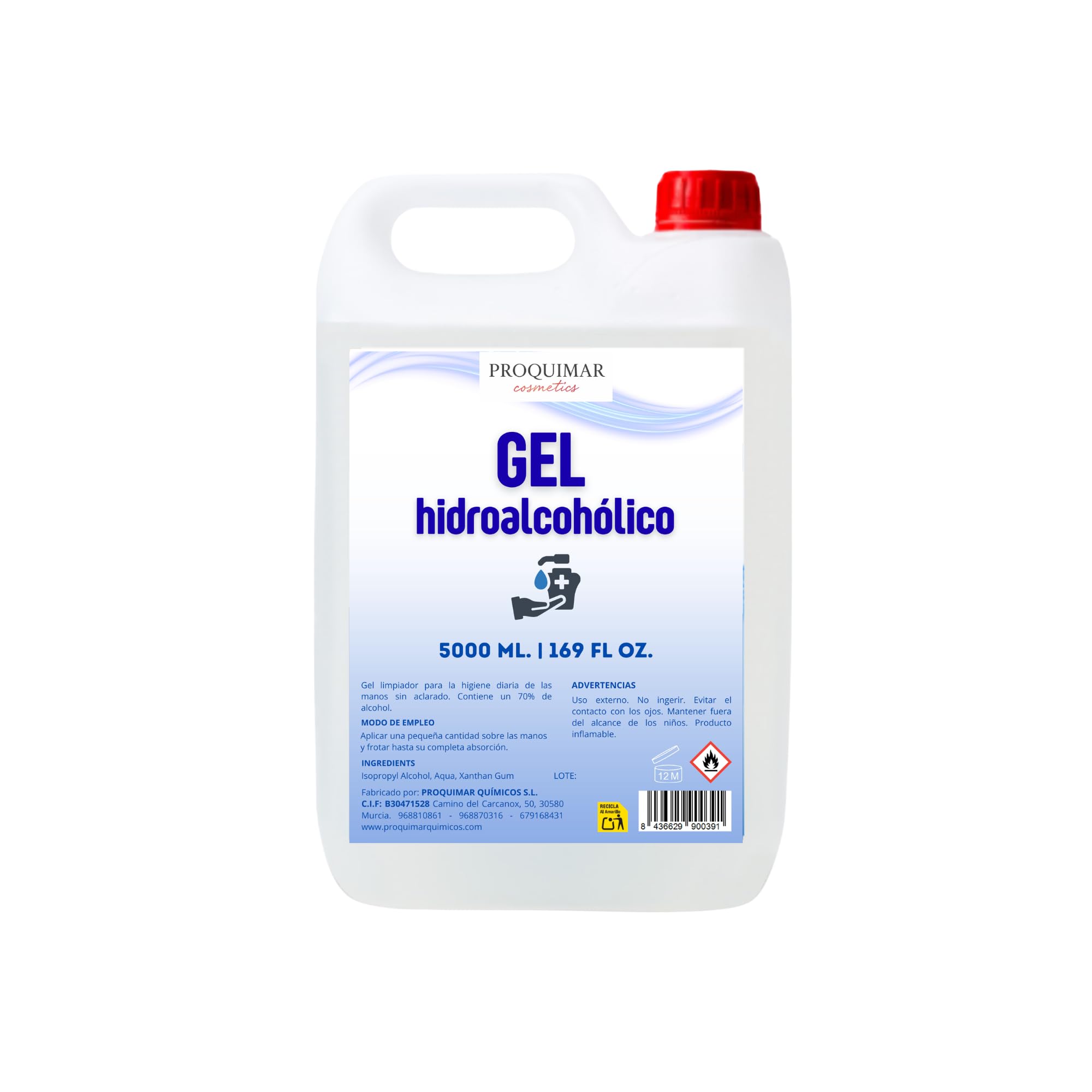 Gel Hidroalcohólico 5 Litros – Garrafa Uso Profesional y Doméstico – Higiene de Manos sin Aclarado – Secado Rápido
