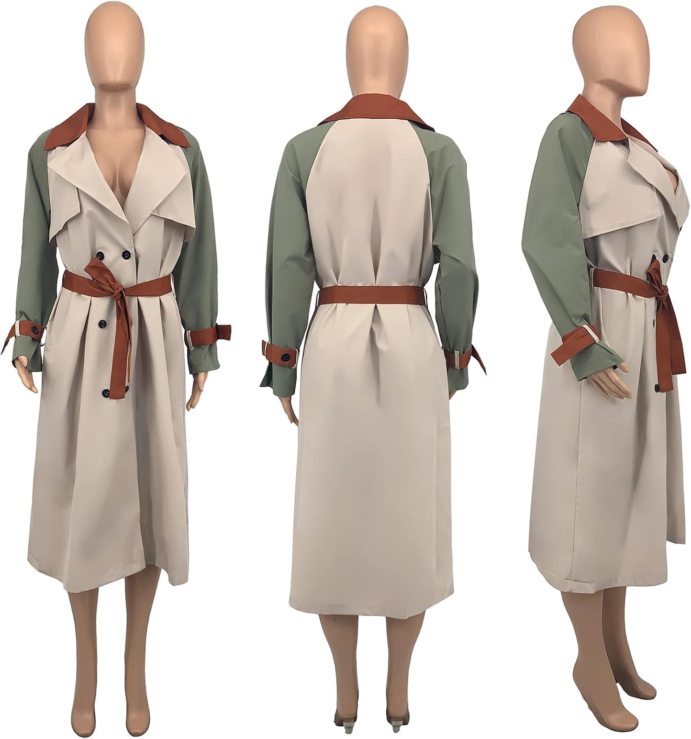 Recious Women Sexy Long Sleeve Lapel Double Breasted Trench Windbreaker Coat Jacket with Belt