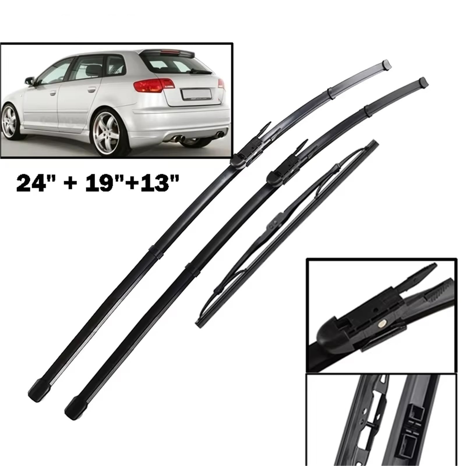 Compatible con A3 8P 2005 2006 2007 2008 2009 2010 2011 2012 24" + 19" + 13" Escobillas limpiaparabrisas Delanteras y traseras, Parabrisas, escobillas de Lluvia, Conjunto de limpiaparabrisas