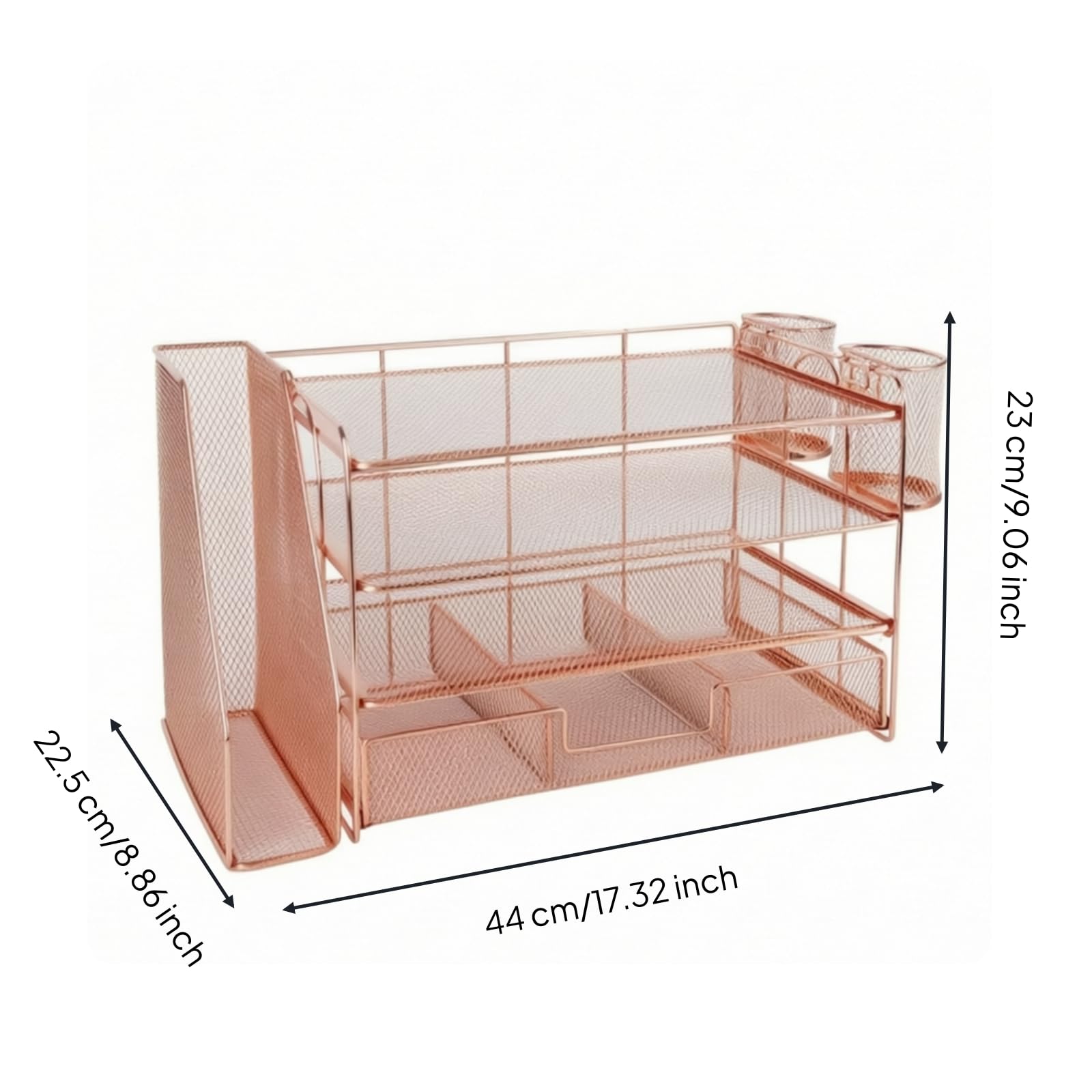 Qianly Organizzatore in Filo Metallico con Scomparti Multistrato Scaffale da Scrivania a 4 Ripiani Robusto Vassoio Portadocumenti per Ufficio, Rose Gold