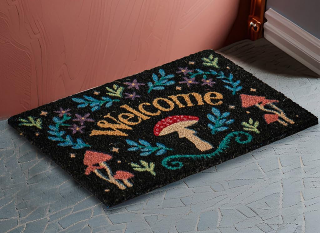 Mushroom Welcome Doormat Natural Coir Doormat with Non-Slip Backing - 23.5 x 15.7 - Outdoor/Indoor - Warm Greeting Welcome Mats Outdoor Mushroom Decor