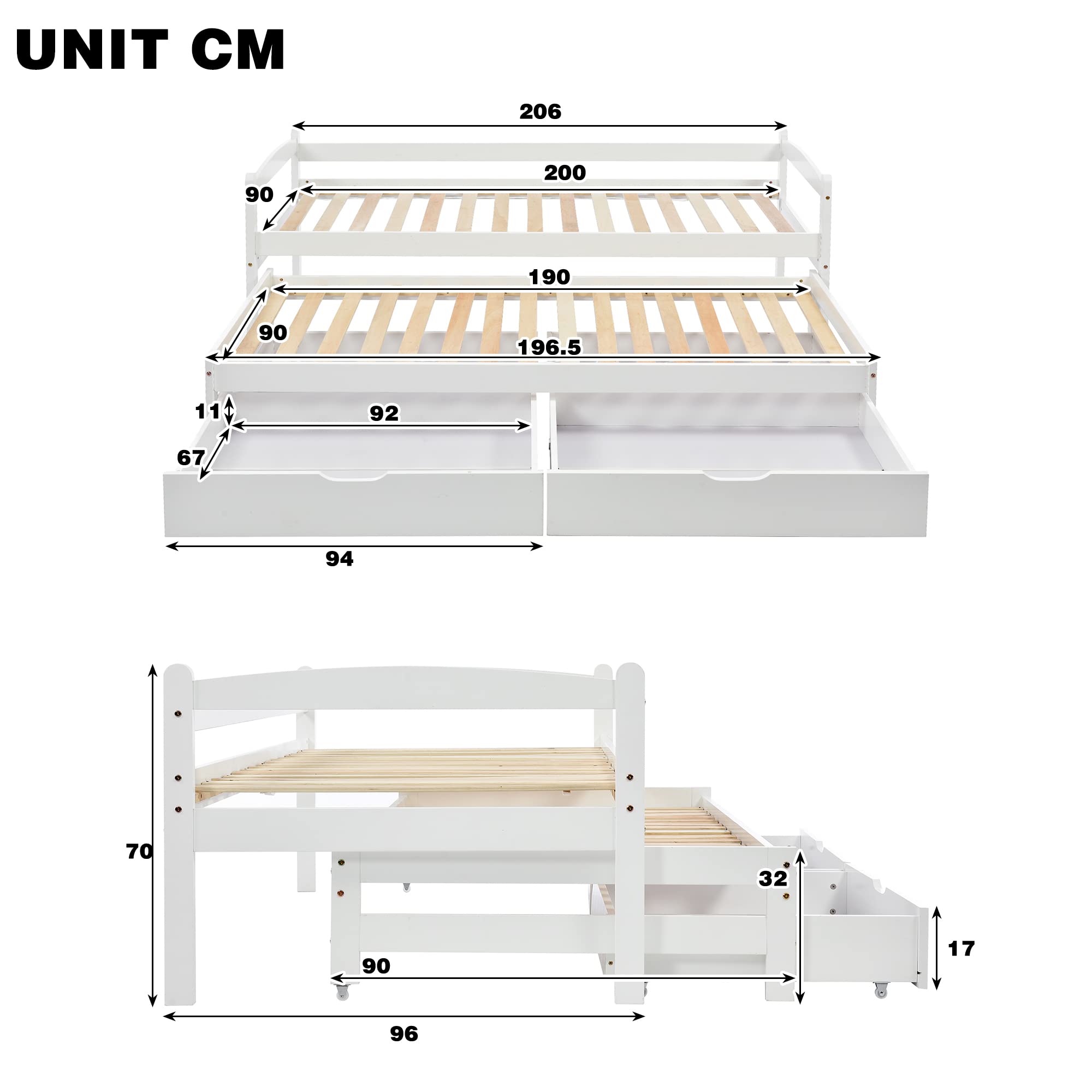 90 x 200 cm, con letto estraibile, con 2 cassetti, matrimoniale, letto per giovani, lettino per bambini, pino, bianco
