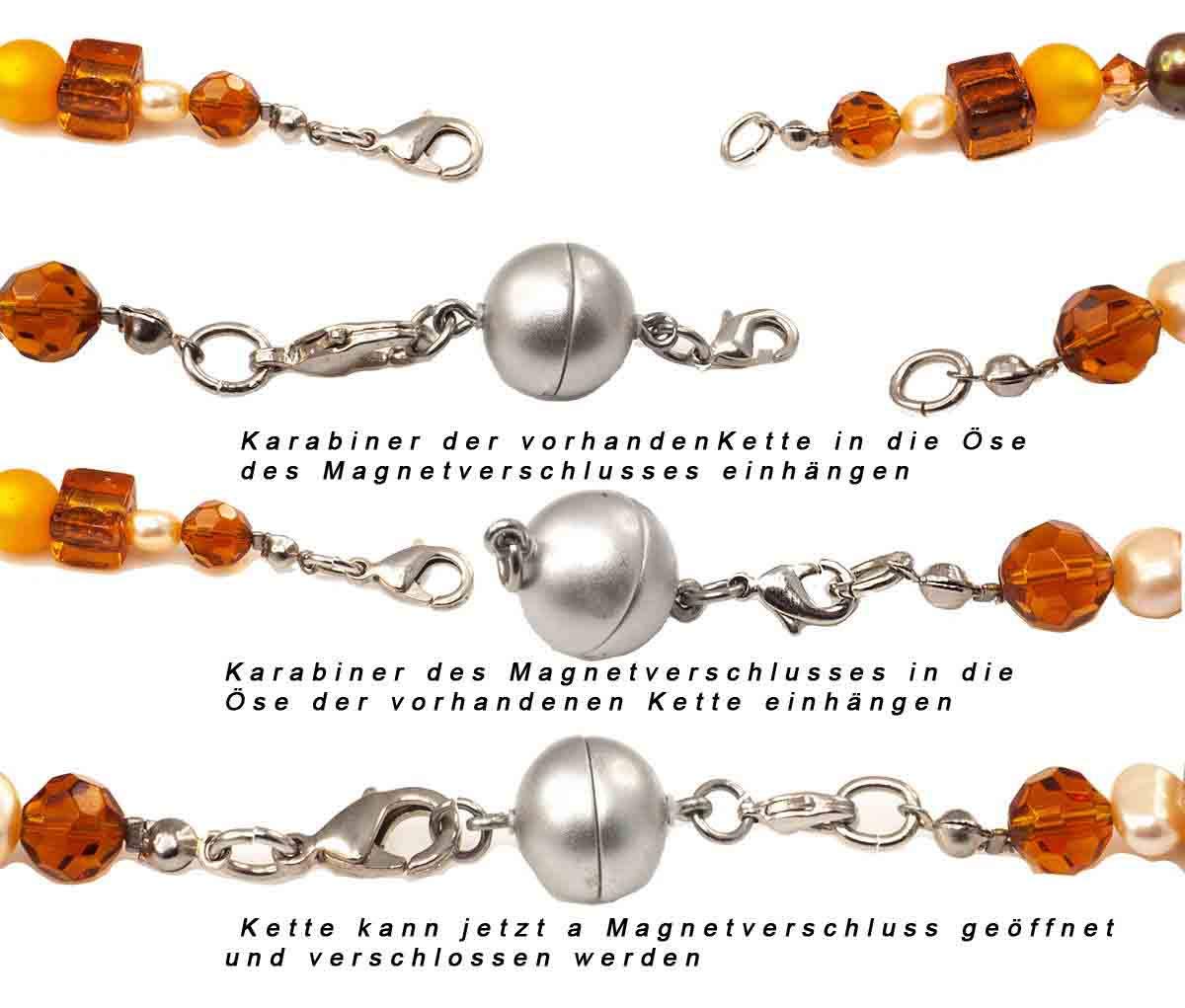 Magnetverschluss für Ketten, Kugel, rund 12mm 3 Stück mit 2 Edelstahlkarabiner gold matt zusätzlicher Verschluß für Halsketten und Schmuck