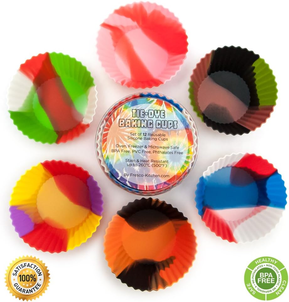 Set of 12 Premium Quality Tie-Dye Silicone Baking Cups / Reusable Cupcake Liners-Environmentally Safe-Lifetime Guarantee (12 Pack - Six Designs) (Multi Pack)