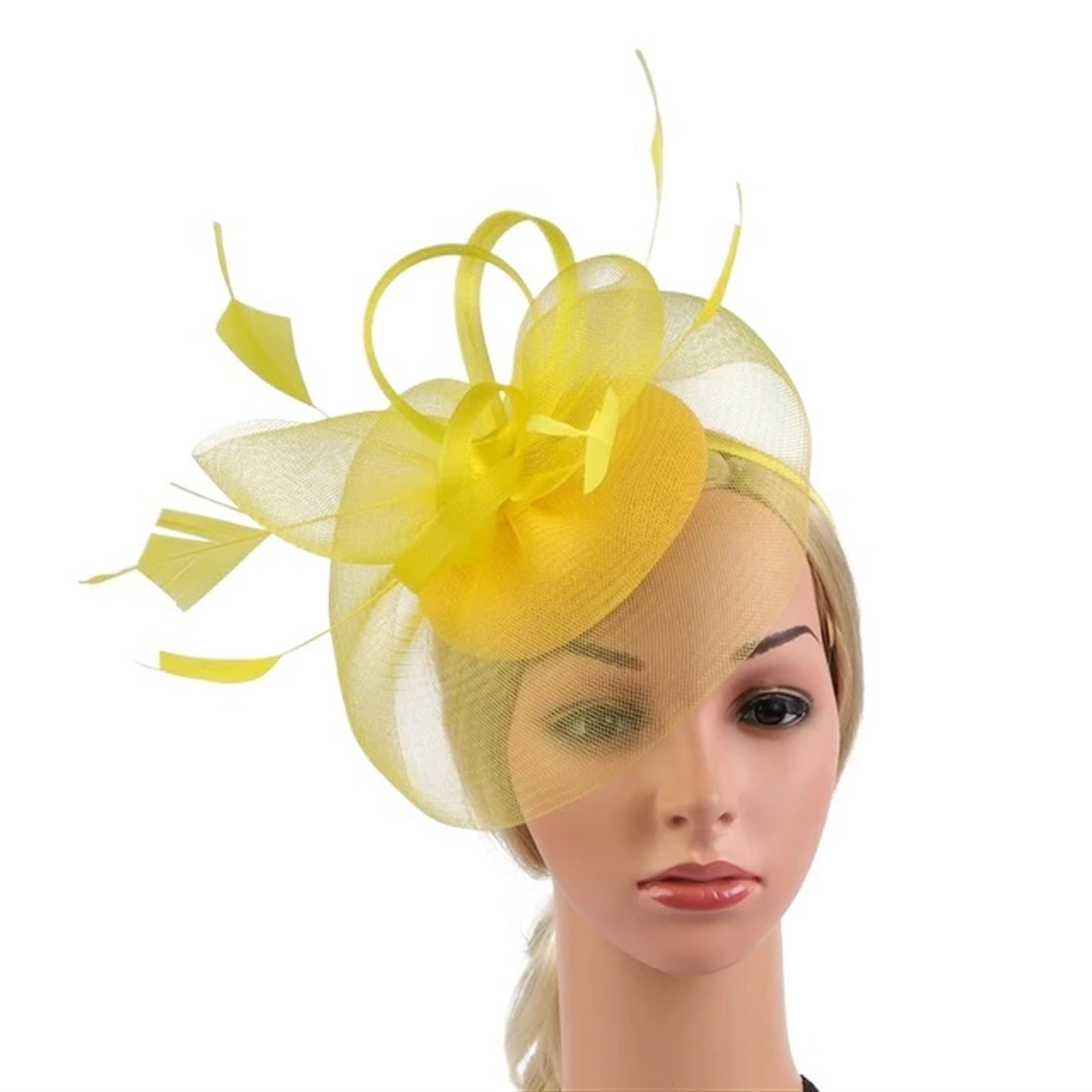 UALXPAO Wedding Hats Women's Fascinator Hat With Feather Mesh Tea Party Hats for Tea Party,Weddings(Yellow)