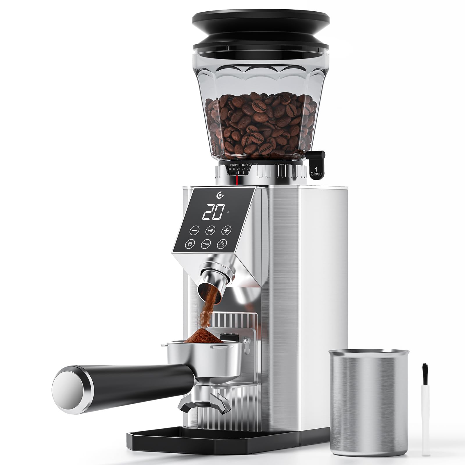 AMZCHEF Kaffeemühle mit 45 Mahlgraden, Edelstahl, Plasma Anti-Statik System, Speicherfunktion, LED-Touchdisplay, 300g Bohnenbehälter, Kaffeemühle für Siebträger, Espresso, Filterkaffee & French Press