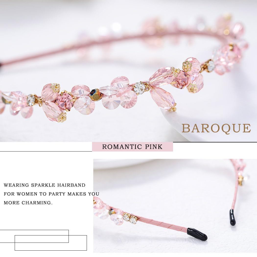 Rosa Strass-Stirnbänder für Damen und Mädchen, Kristall-Perlen, Barock, dünne Haarreifen, mit Schmucksteinen besetztes Stirnband für Damenhaar