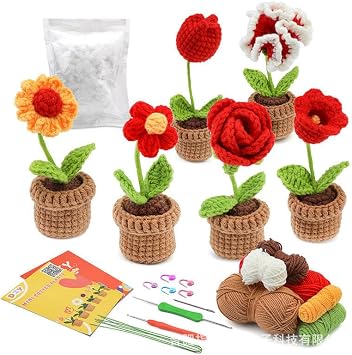 Crochet Kit for Beginners, Potted Plants Set 3 PCS or 6 PCS, Beginner Crochet Starter Kit for Complete Beginners Adults, Crocheting Knitting Kit with Step-by-Step Video Tutorials 6 red Flowers