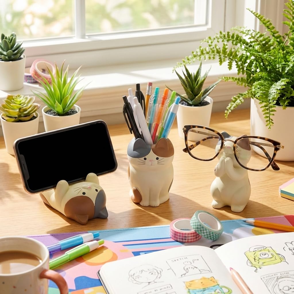 3 PS Cat Shaped Phone Holder and Eyeglass Frame with Pen Holder, Animal Resin Gift for cat Enthusiasts, Home and Office Fashion Accessories-White