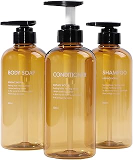 Yeeco Plastic Soap Dispenser Empty Shampoo Bottles 16.9oz, Shampoo Conditioner Bottles Refillable 3 Packs, Shampoo Empty Bottle with Pump, Amber