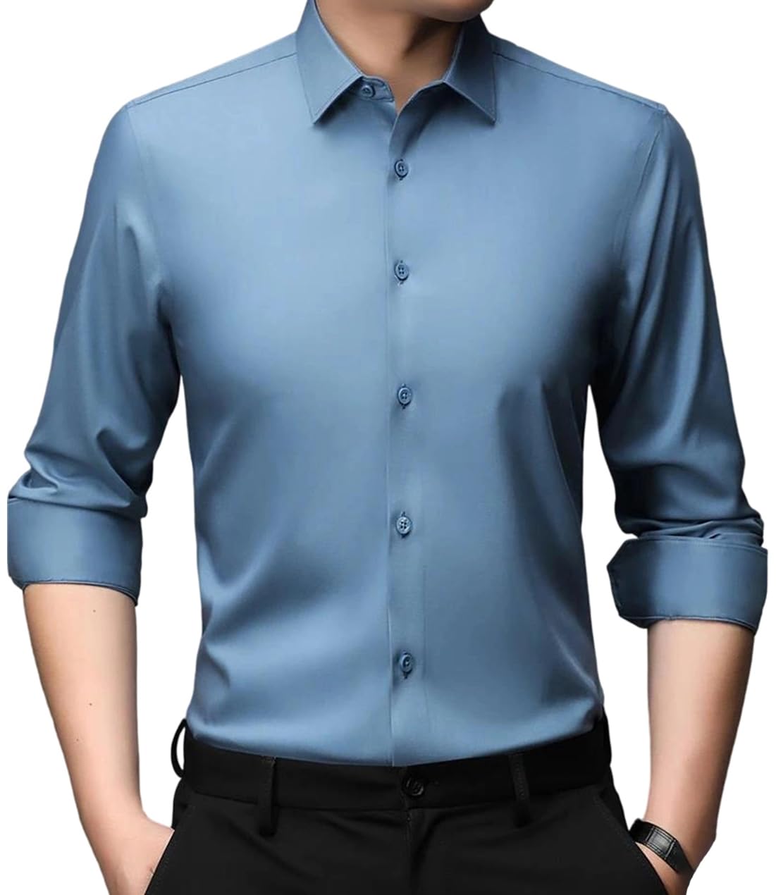 Mens Business Casual Dress Shirt Long Sleeve Solid Color Thin Button Down Slim Fit Formal Shirts