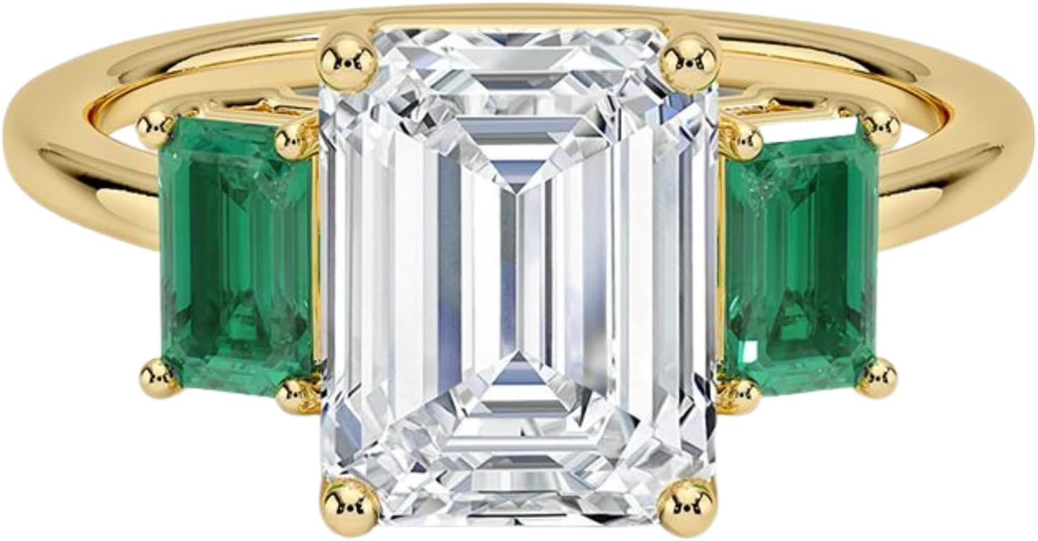 2.50 Ct Emerald Cut Green Gemstone Moissanite Engagement Ring 14K Vermeil Yellow Gold Side Stones Diamond Married Promise Gift Ring