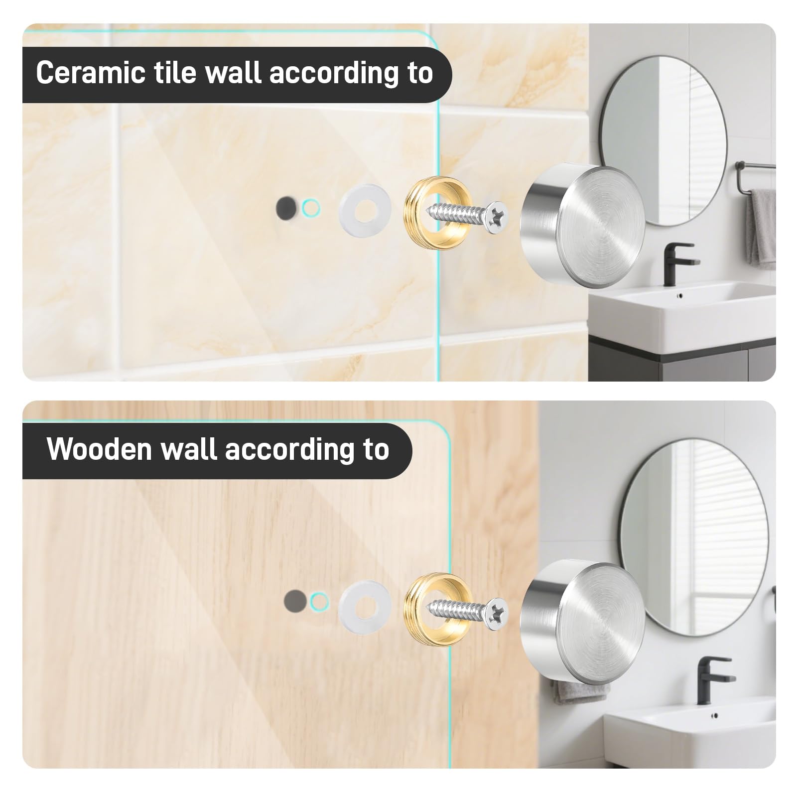 2 Viti Specchio con Coperture Decorativi – 10mm Acciaio Inox Spazzolato | Anti-Graffio & Resistente | Per Mobili & Vetro