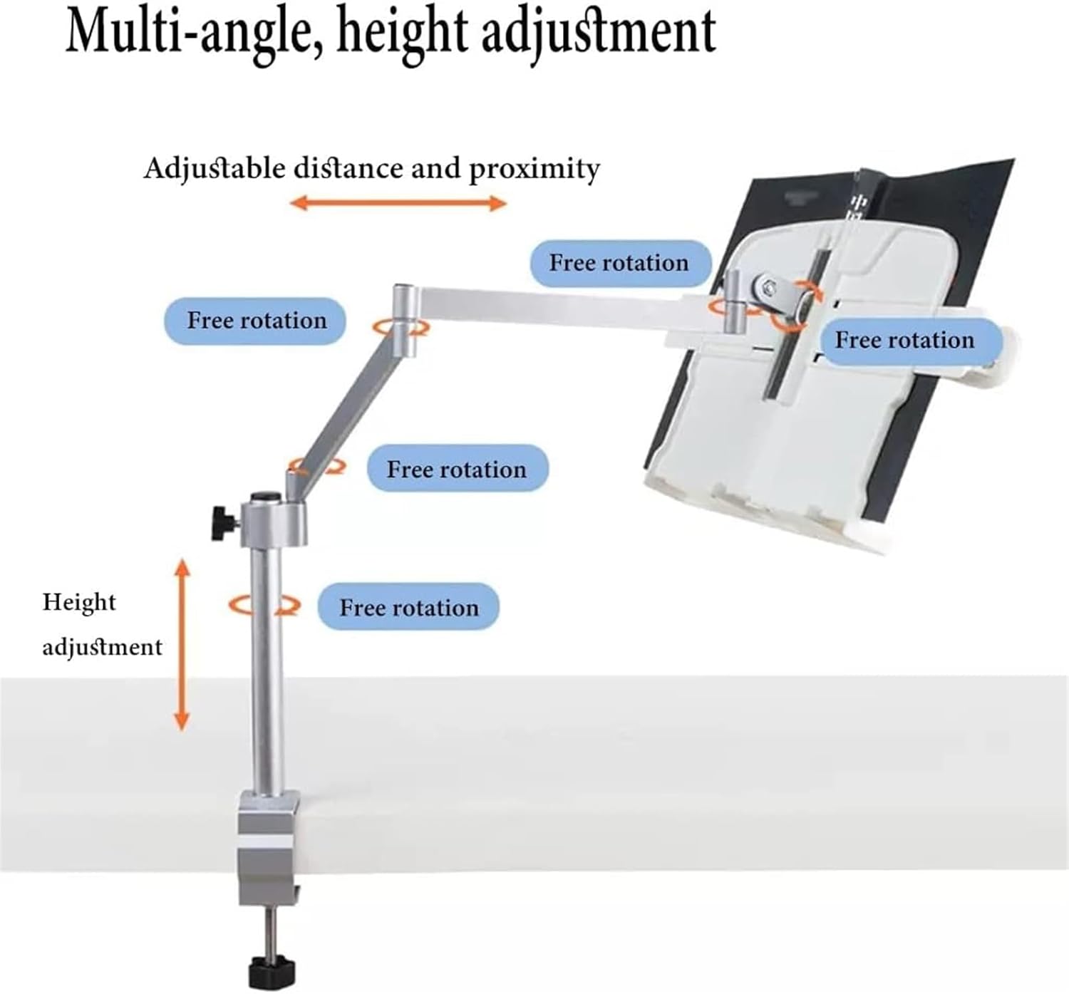 Book Stands Height Adjustable, Book Stand with Clamp, Desktop Cookbook Rest with Page Clips for Reading, Aluminum Laptop Stand for Desk, Table Side Design (White) (White)