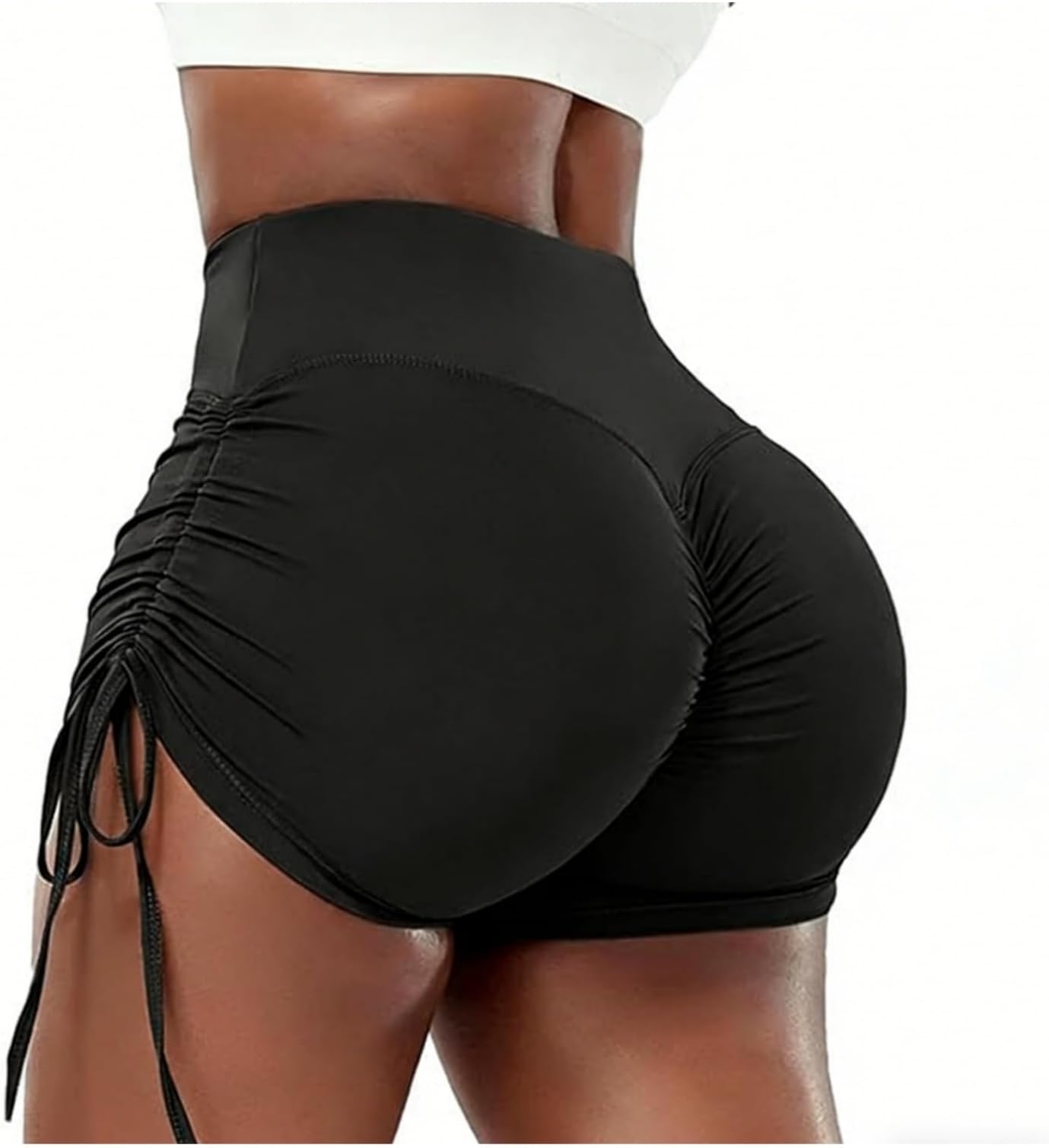 Gym Shorts for Women Ruched Butt Hot Pants with Drawstring Side High Waist Tummy Control Lifting Booty Shorts for Running Gym Cycling Sports