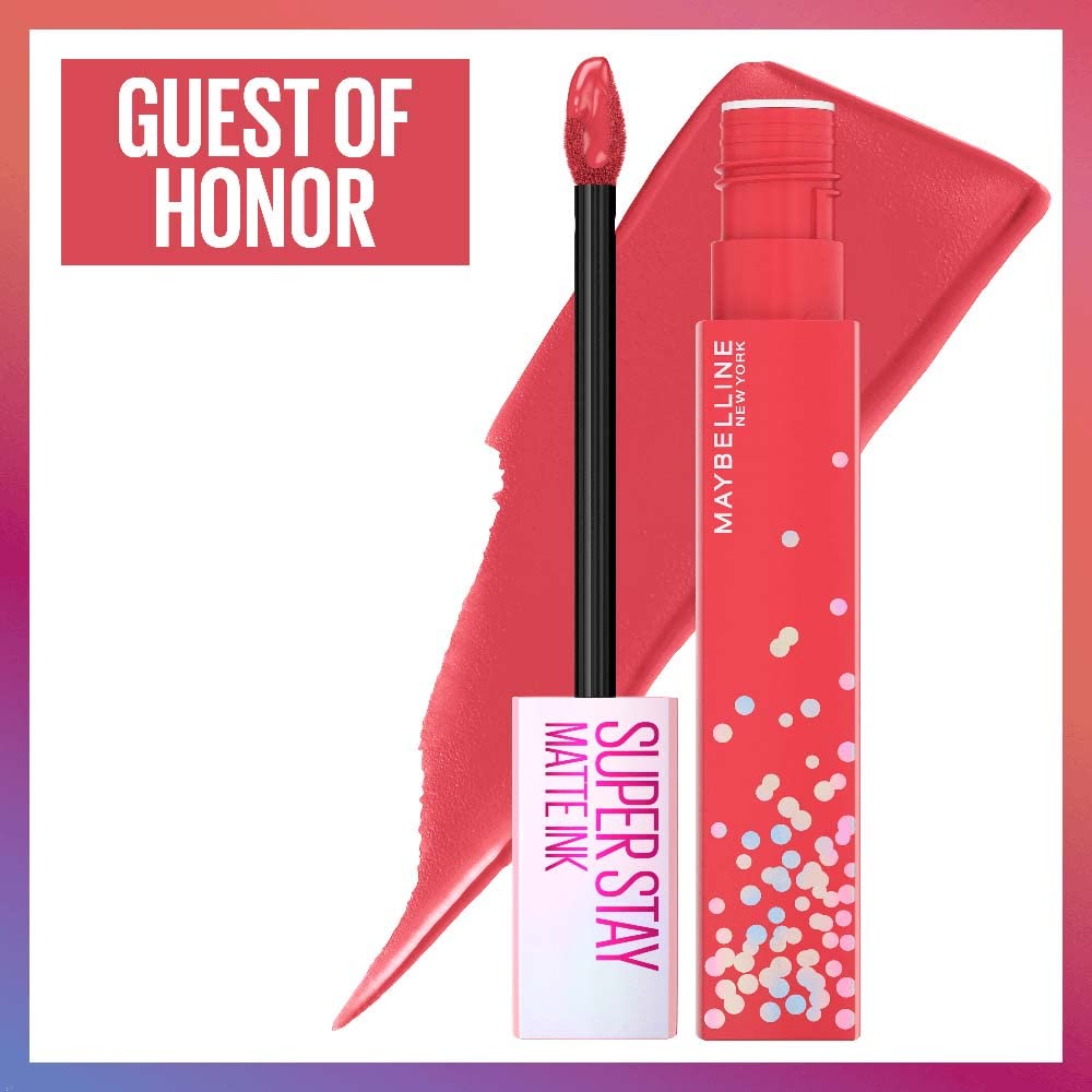 MAYBELLINE New York Super Stay Matte Ink Liquid Lipstick, Transfer-Proof, Long-Lasting, Limited-Edition Birthday-Cake-Scented Shades, Guest of Honor, 0.17 Fl Oz