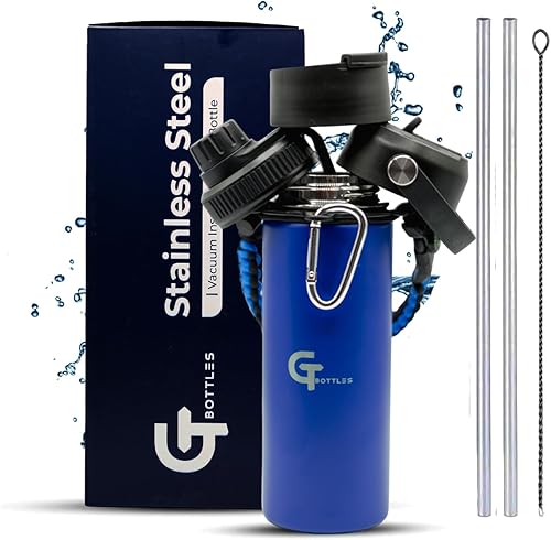 Miniatura 42 de Botella de agua de boca ancha aislada al vacío de acero inoxidable de 25 onzas con 3 tapas y mango de paracaídas para bebidas calientes y frías