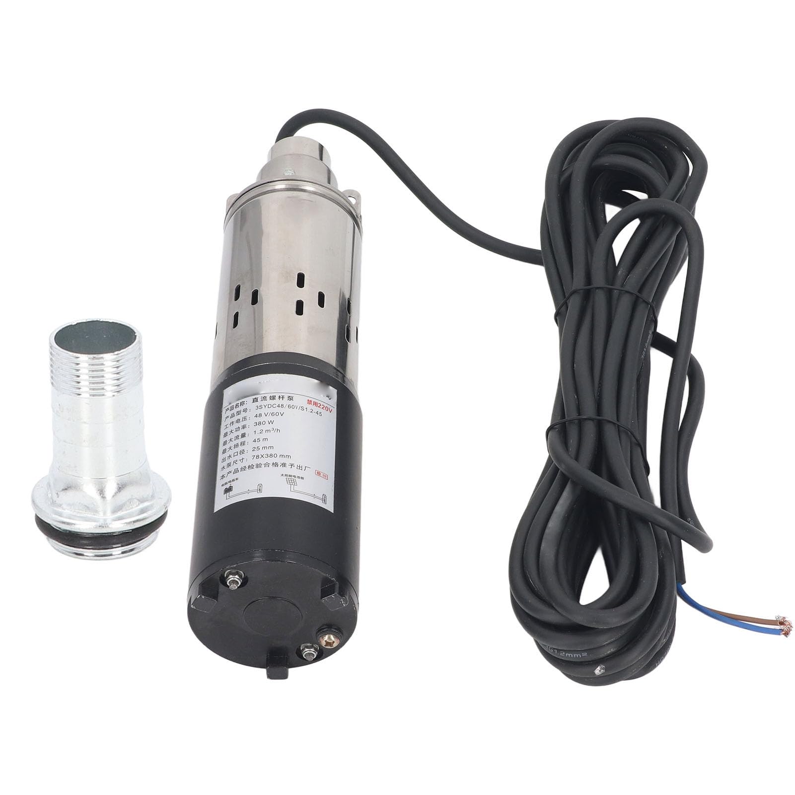 Cocoarm Bomba Solar CC, Bomba Sumergible de Tornillo de Acero Inoxidable 48 V 60 V 380 W 45 M Elevación 1,2 M³ H Salida de 1 Pulgada Barril de Motor de Hierro Fundido para Granja de Estanques de