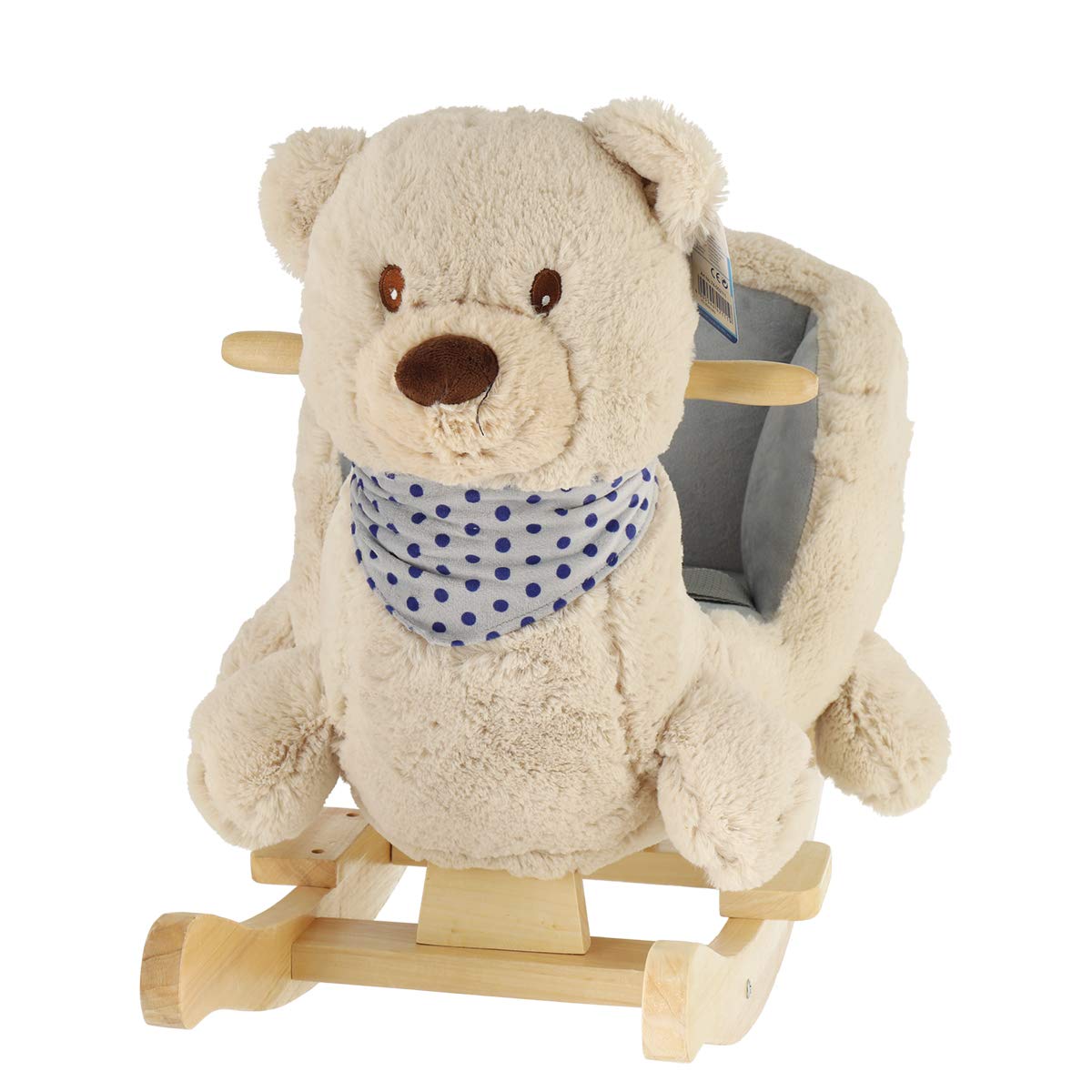Bieco 74002111 - Dondolo Peluche Crema Orso Giocattolo, Sedia a Dondolo per Bambini con Struttura in Legno, Seduta e Schienale, Giocattoli a Dondolo, Schaukelbär per Neonati e Bambini da 9m +