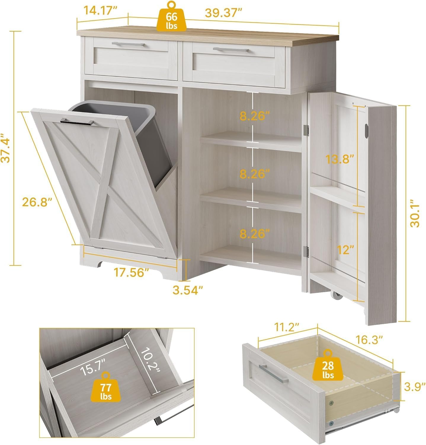DWVO Tilt Out Trash Can Cabinet with 2 Drawers, Adjustable Shelves, Laundry Hamper, Off White