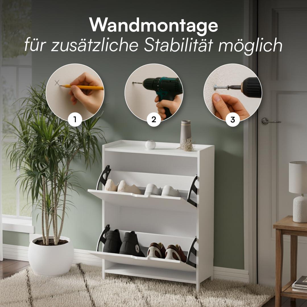 Bellamio Ceyhan Schuhschrank mit 2 Klappen – Schuhkipper weiß aus Holz – Schuhregal schmal 50x19x90cm – platzsparender Flurschrank mit 2 geschlossenen Fächern – Schuhkommode für Flur/Garderobe