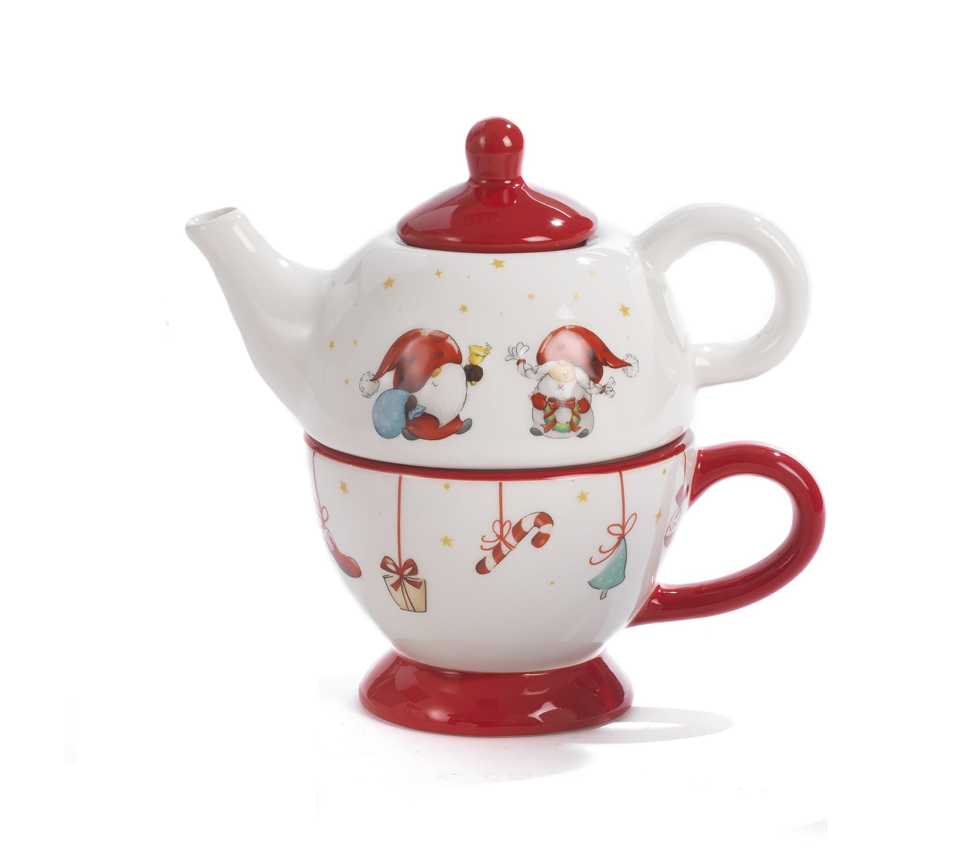 PABEN Set Natalizio Teiera e Tazza con Gnomi 16.6 cm in Ceramica