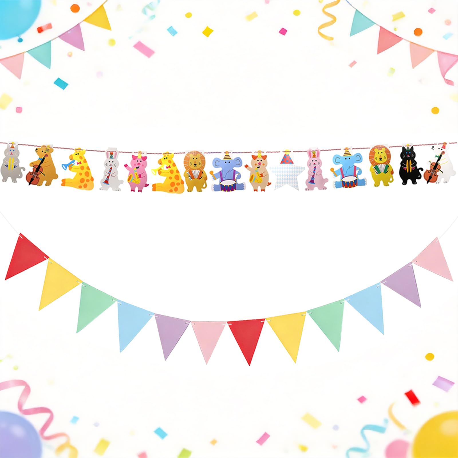 2-Pack Animal Party Banners - 15 Zoo Animals & Colorful Triangle Flags, Quick Installation Kids Birthday Decorations, Vibrant Party Supplies for Classroom & Home Celebrations