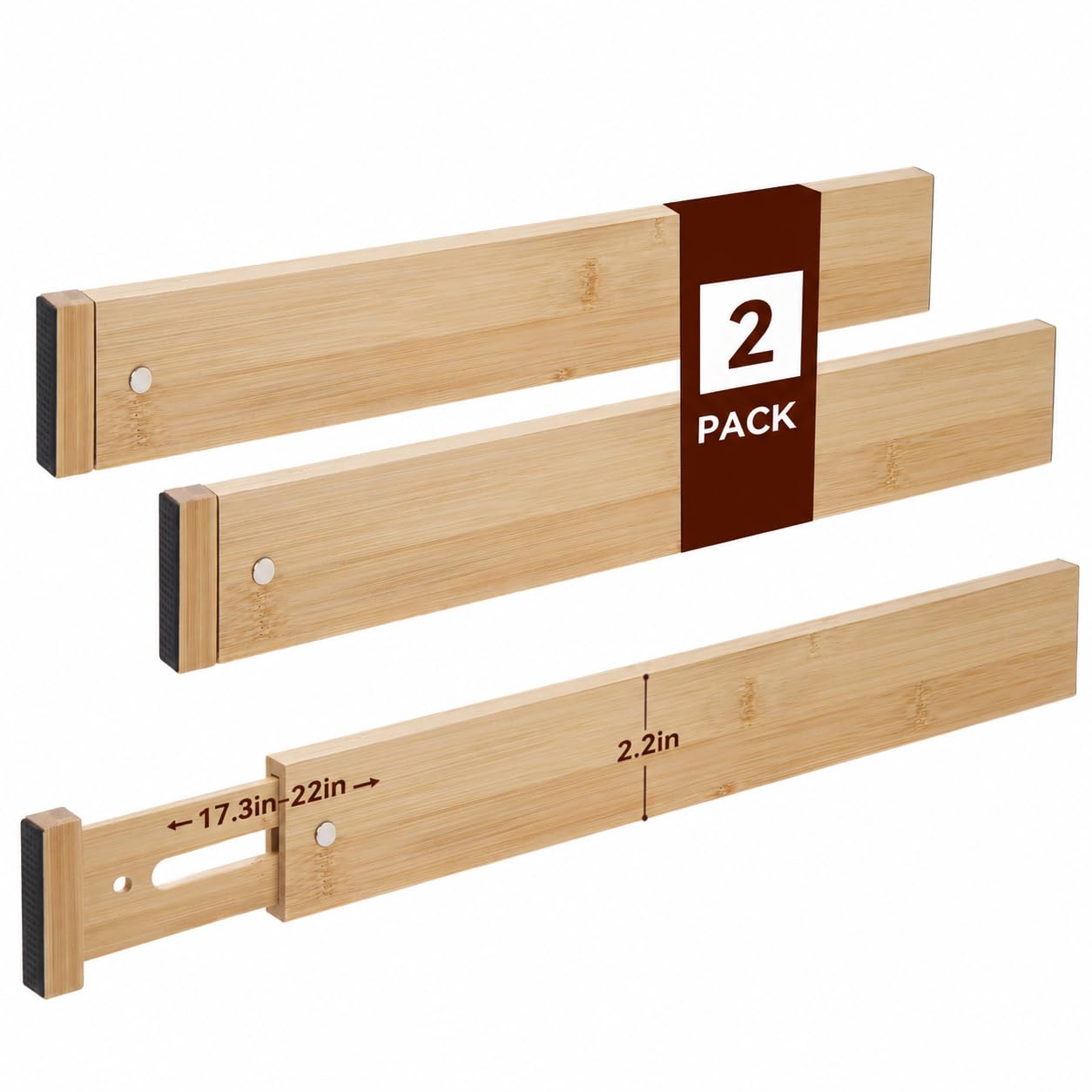 Kickic Natural Drawer Dividers,Kitchen Drawer Organizer,2 Pack 17.3''-22'' Adjustable Bamboo Drawer Dividers