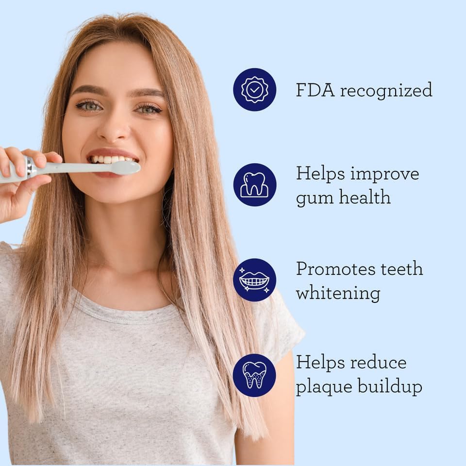 A woman brushing her teeth with the GuruNanda Sonic Toothbrush, highlighting benefits like improved gum health and plaque reduction.