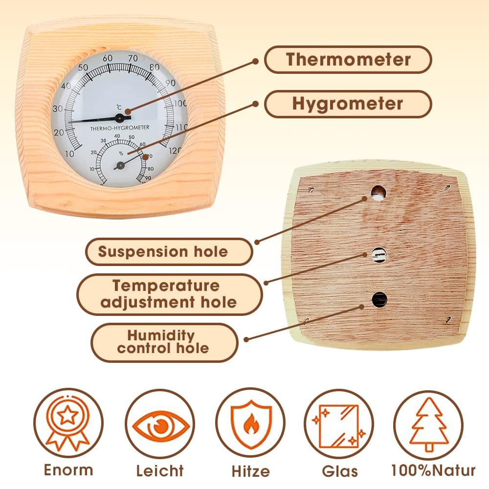 2 in 1 Sauna Thermometer Hygrometer und Sanduhr, Wandmontage umweltfreundlich Sauna Klimamesser Tropfen mit 15 Minuten Rotierender Sandglass Holz für Sauna Innenausstattung, Badezimmer