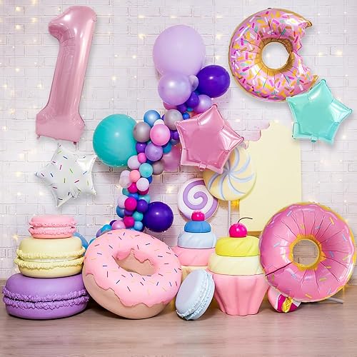 Miniatura 9 de Decoraciones de cumpleaños en forma de dona, 6 globos de Dokuna en forma de dona, decoraciones de 9 cumpleaños para niñas, globos gigantes de