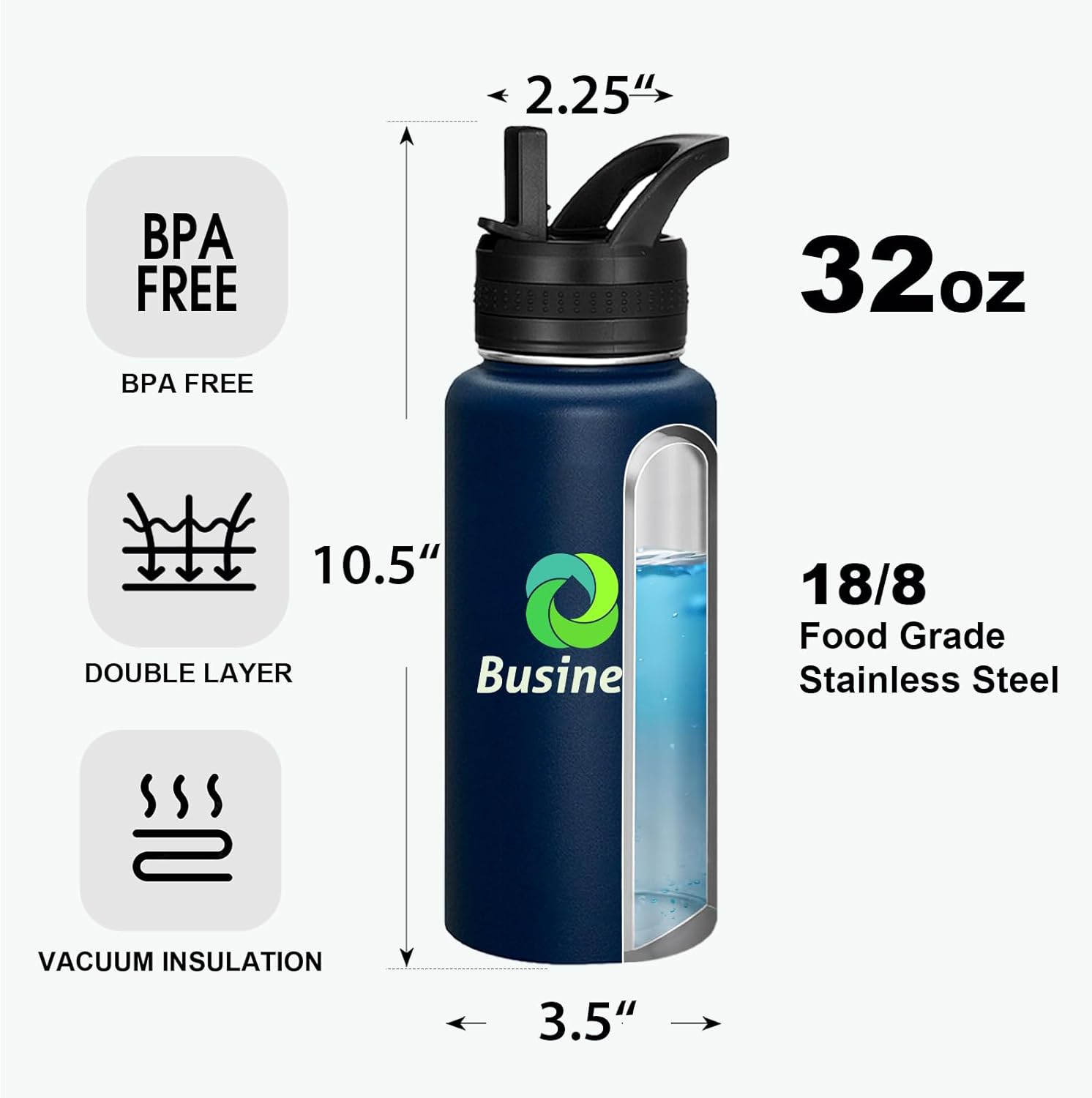 Personalized Custom Water Bottles with Text Logo Print in USA 32oz 10 Pcs Double Wall Stainless Steel Leakproof Wide Mouth Cups with Flip Straw - Image 2