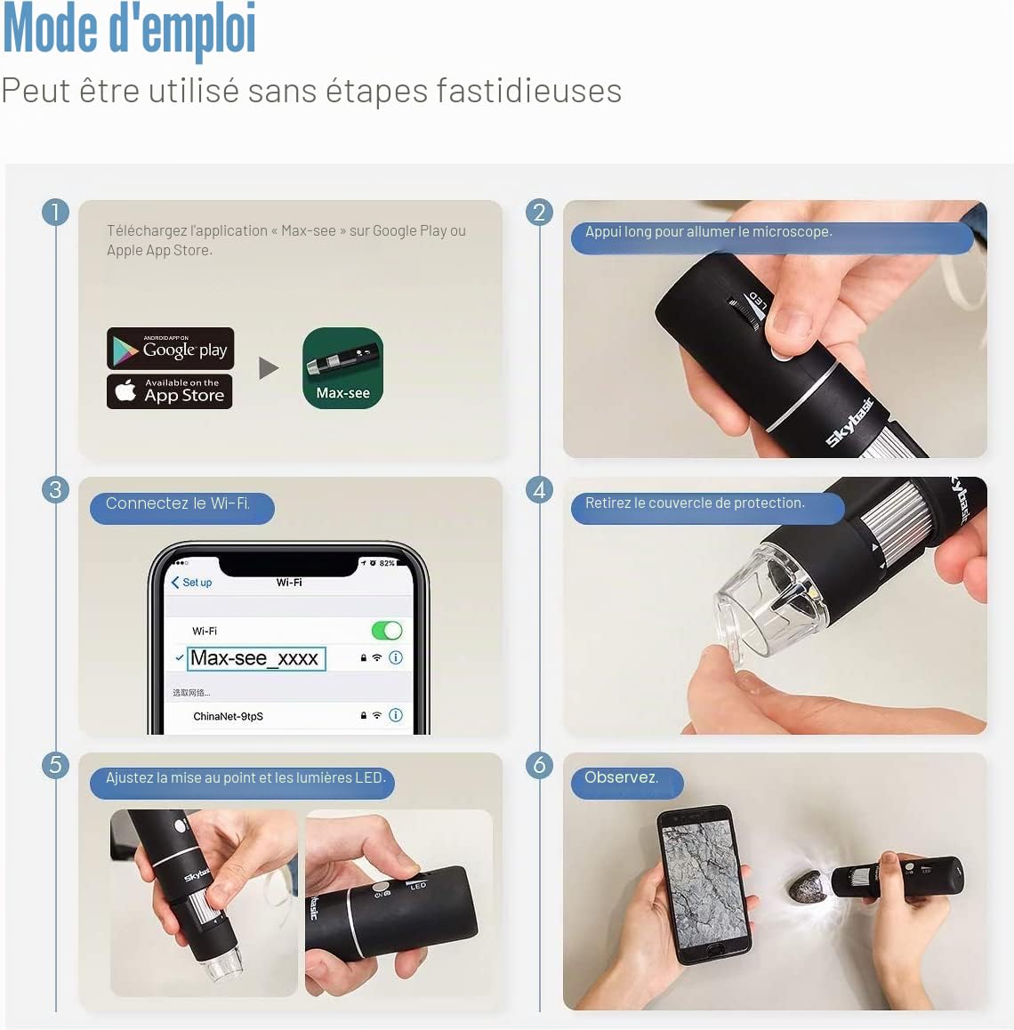 Microscope numérique Wi-FI, loupe SKYBASIC 1000X/microscope numérique Portable pour Adultes avec 8 LED pour Smartphones et Ordinateurs Android et iOS