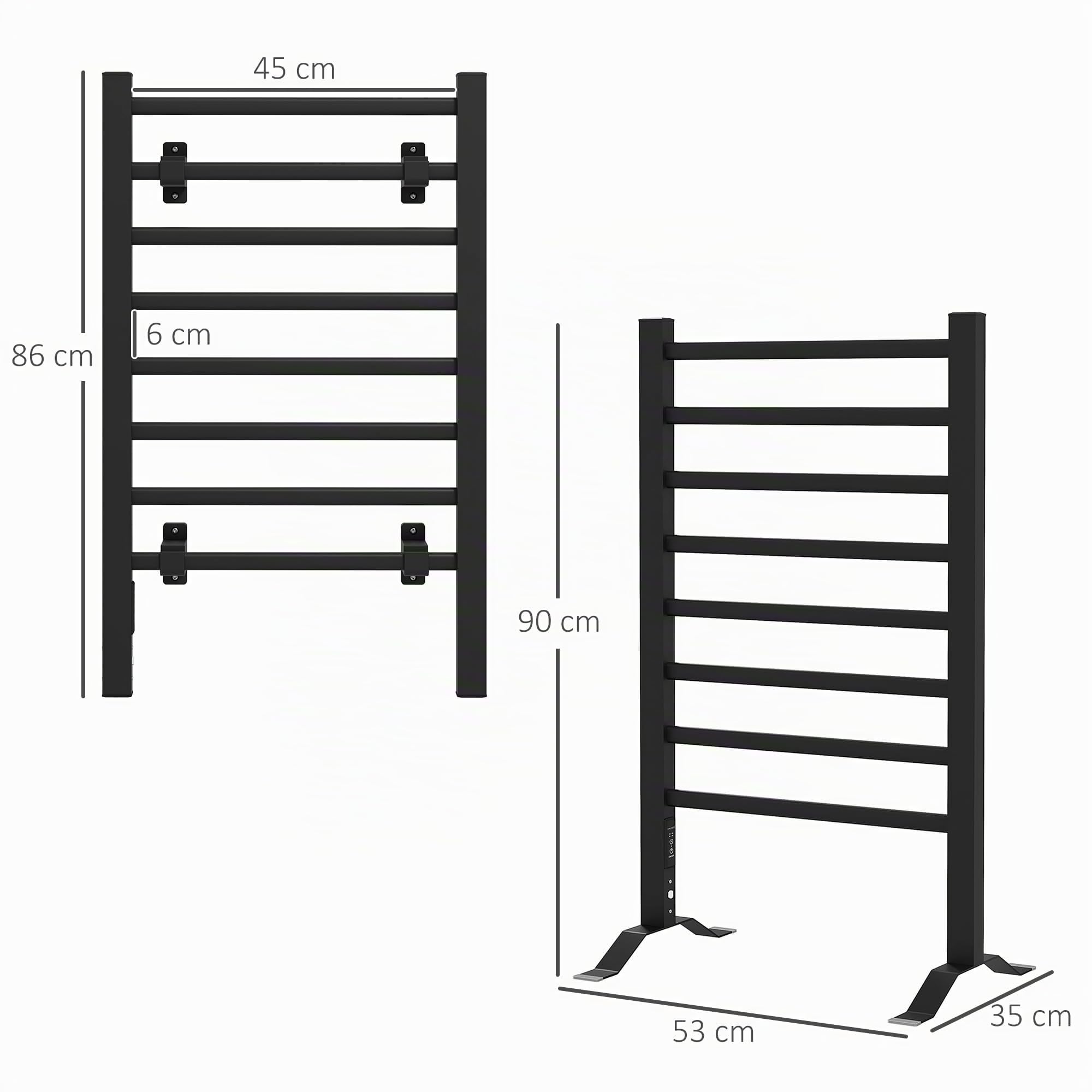 HOMCOM Calorifero Scaldasalviette da Terra o Parete 150W 53x35x90cm Nero | Porta Asciugamani Riscaldato Elettrico per Bagno, Lega di Alluminio, 8 Barre, Timer da 2 o 4 Ore, Resistente all'Acqua
