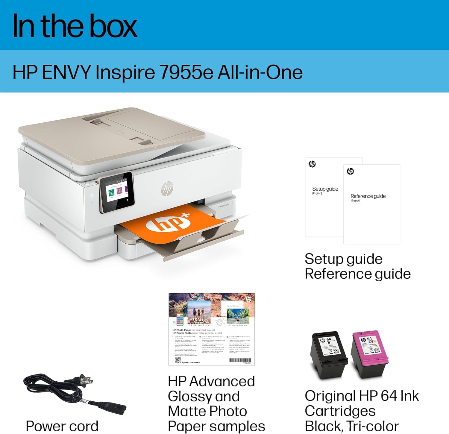 Contents of the HP Envy Inspire 7955e box including printer, ink cartridges, power cord, and documentation